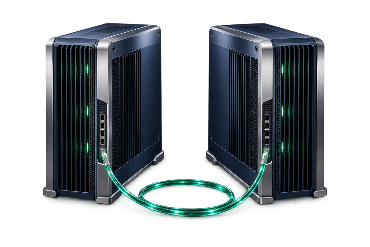 Two servers connected by an illuminated fibre link