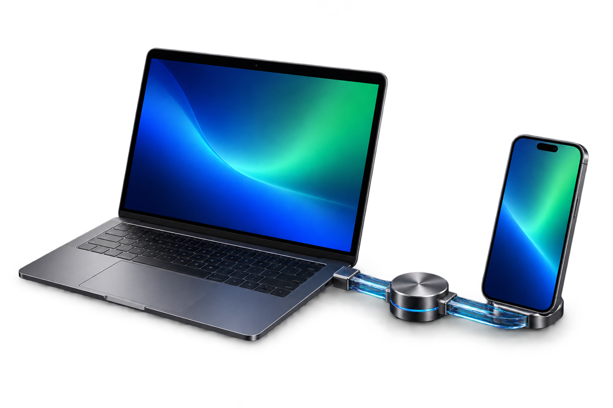 Laptop and smartphone joined by an illuminated glass connection