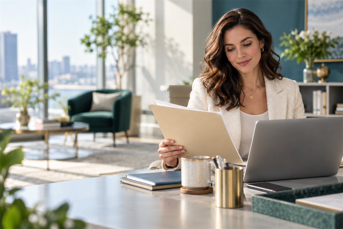 A professional reviews her documents during digital onboarding