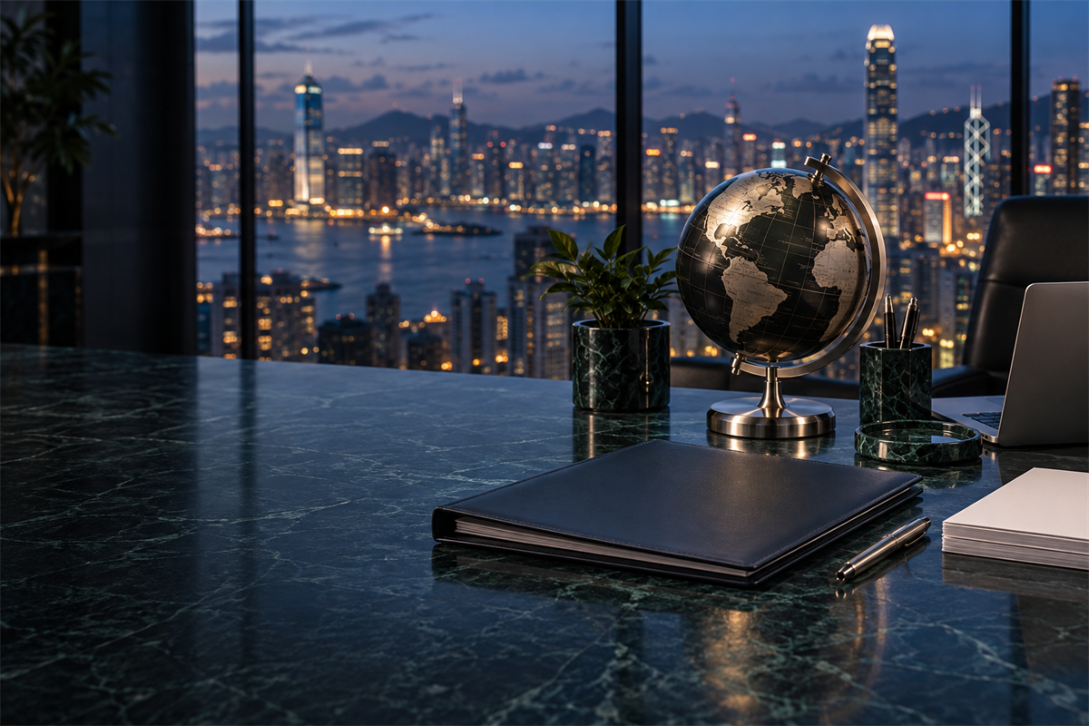 International company documents and a metal globe on an executive desk