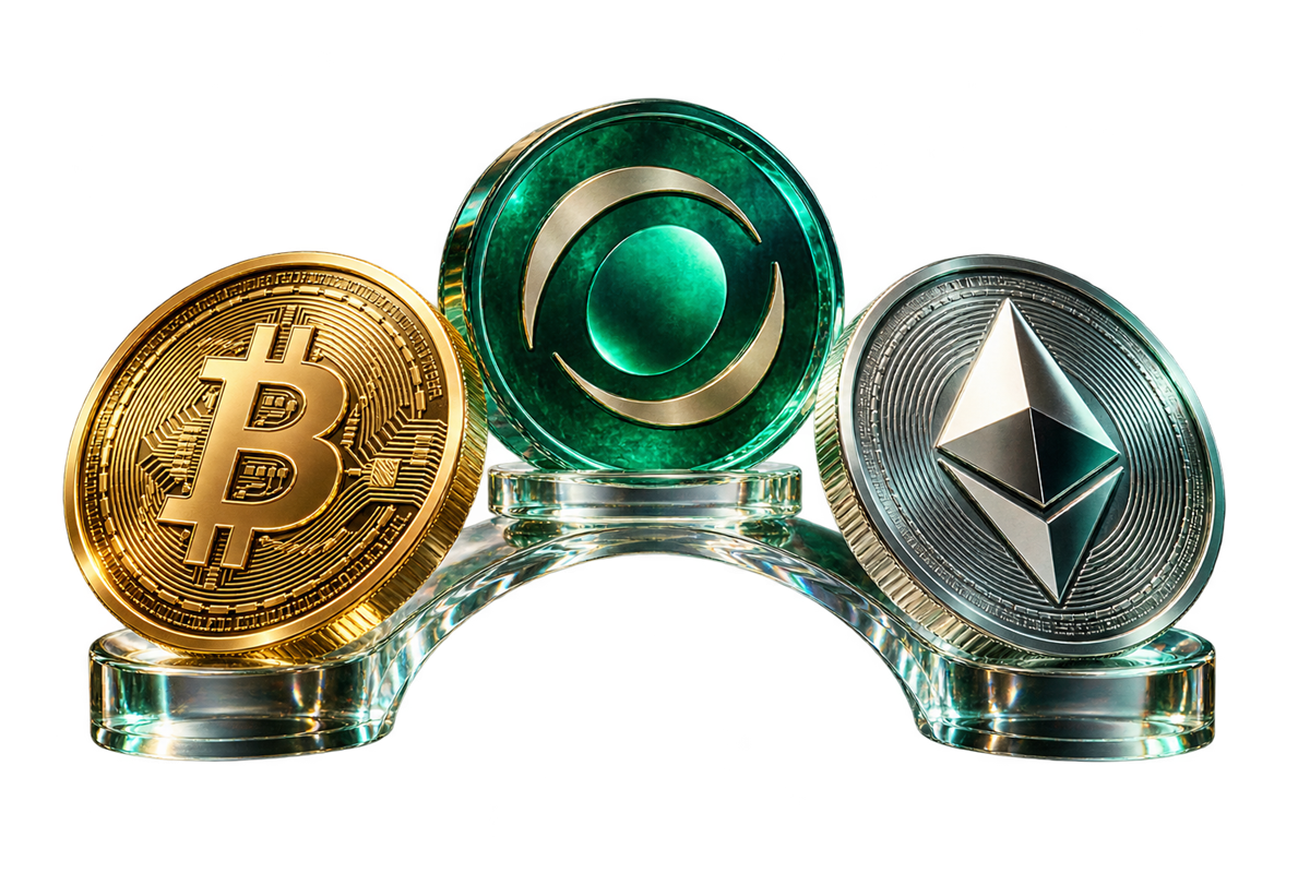 Gold and silver crypto tokens connected by a glass bridge